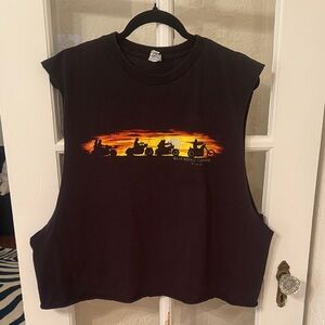 Black Sleeveless Graphic Tank with Sunset Motorcycle Design
